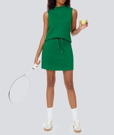 Casly Lamiit Womens 2 Piece Skirt Set Summer Tracksuits Tennis Skorts Sweat Athletic Outfits Sports Mock Neck Tank Top Sweatsuits Green L - Image 5