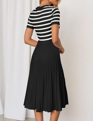 ZESICA Women's 2025 Casual Striped Midi Dress Crewneck Short Sleeve Button Ribbed Knit Swing Pleated A Line Dresses,Black,Medium - Image 4