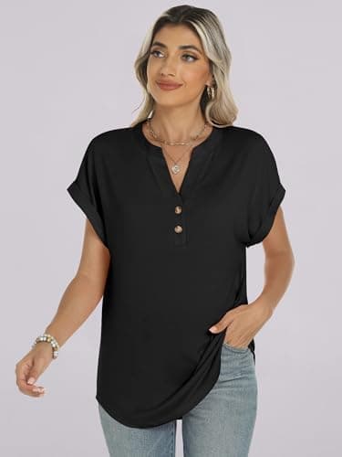 ANRABESS Womens Short Sleeve Henley Tops V Neck Dressy Casual Blouses Summer Trendy Tee Shirts 2025 Vacation Fashion Clothes Black XXL - Image 6