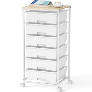 Rolling Storage Cart with Drawers,Utility Cart with 6 Large Drawers and Wooden Tabletop,Craft Storage Cart with Lockable Wheels for Bedroom, Office, Classroom, Kids'Room, Living Room (White) - Image 1