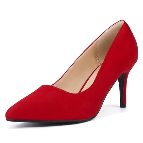 IDIFU Red High Heels Pumps Closed Toe Heels Women's Pumps Stiletto Pointed Toe Dress Shoes Wedding Prom Bridal Work Office Bride Trendy Dressy Comfortable Classic Pumps Shoes(Red Suede,8.5) - Image 1
