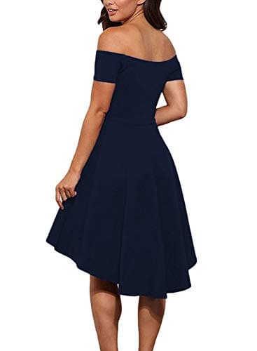 Sarin Mathews Womens Off The Shoulder Short Sleeve High Low Cocktail Skater Dress Blue XS - Image 2