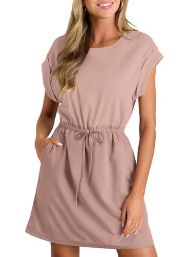 BLENCOT Womens Casual Summer Patchwork Short Sleeve Mini Dresses Crewneck Ruched Waist Drawstring Mini Street Dress P1310 X-Large with Pockets - Image 1