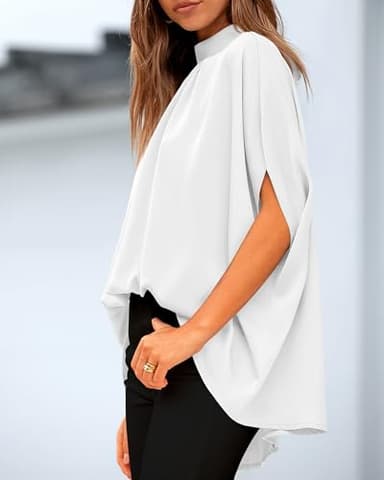 BTFBM Womens Summer Tops 2025 Fall Mock Neck Batwing Sleeve Shirts Loose High Low Hem Oversized Dressy Casual Blouses(White, Large) - Image 7