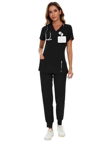 COZYFIT Scrubs for Women Set - Stretch V-Neck Scrub Top & Jogger Pant with 8 Pockets, Yoga Waistband, Anti Wrinkle, Slim Fit Women Scrubs - Image 1
