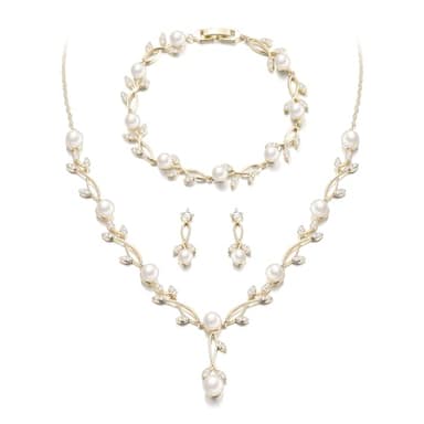 EVER FAITH Wedding Jewelry Sets for Bride, Gold Plated White Cubic Zirconia Simulated Pearl Leaf Filigree Bridal Party Necklace Earrings Bracelet Set for Women - Image 5