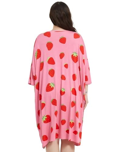 KFUBUO Plus Size Nightgowns for Women Oversized Sleep Tshirts Dress Pjs Lounge Short Sleeves Strawberry Sleepwear With Pocket Fit S-5XL - Image 2