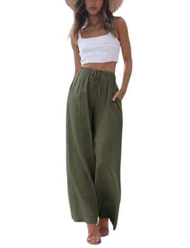 Faleave Women's Cotton Linen Summer Palazzo Pants Flowy Wide Leg Beach Trousers with Pockets(ArmyGreen-XL) - Image 1