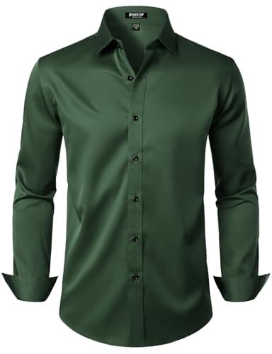 JEMITOP Men's Stretch Wrinkle Free Dress Shirts Formal Wedding Prom Long Sleeve Button Down Shirt Dark Green M - Image 1