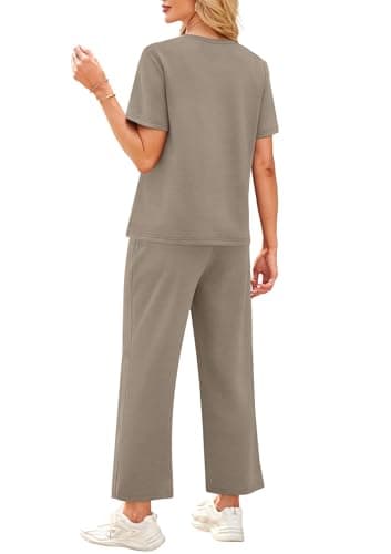 WIHOLL Workout Sets for Women 2 Piece Short Sleeve Summer Cruise Business Casual Outfits 2025 Going Out Two Piece Sets Women's Clothing Country Concert Crew Neck Tracksuits Coffee L - Image 5