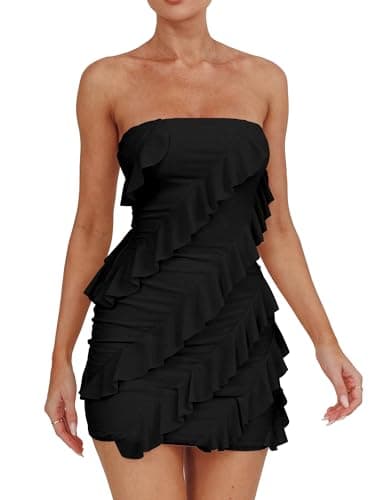 HOCILLE Women's Sexy Strapless Tube Top Bodycon Sleeveless Ruffle Mini Party Dress, Small, Black - Image 1