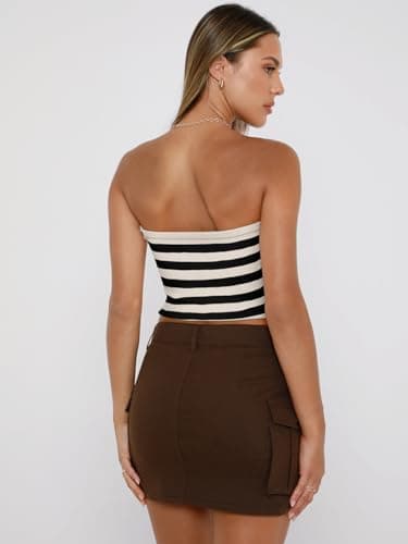 EFAN Womens Tube Tops Fall Fashion Summer Outfits 2025 Casual Beach Vacation Clothes Sweaters Strapless Sleeveless Tank Tops Striped Apricot M - Image 4