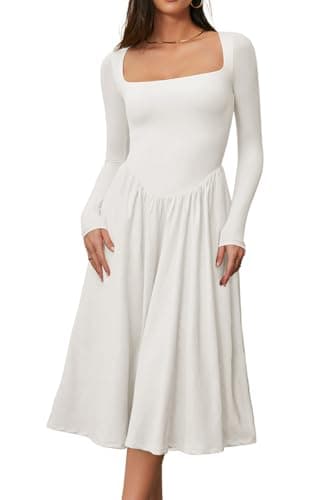 CHYRII Womens White Dress Spring Fashion 2025 Square Neck Long Sleeve Casual A-Line Midi Dress S - Image 1