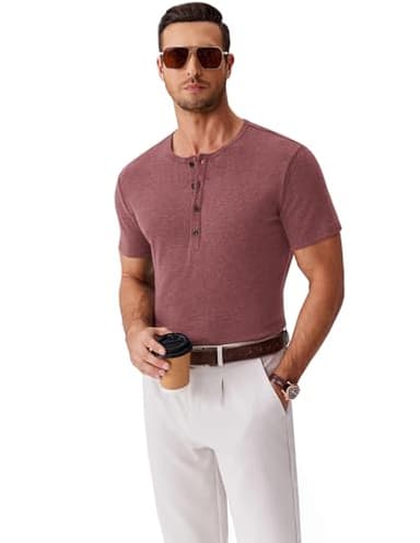 COOFANDY Men's Casual Short Sleeve Henley Shirts Stylish Summer Tee Button Henley Basic Tee Red - Image 6