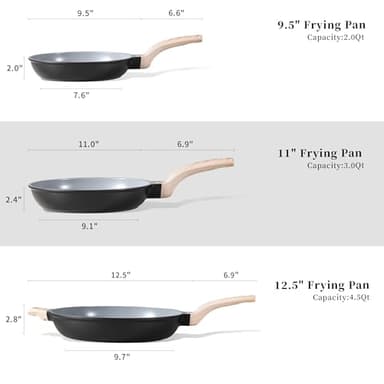 CAROTE Non Stick Frying Pan Set(9.5+11+12.5 Inch) Ceramic Frying Pan Healthy Nonstick Skillet PFOA&PFAS Free -Compatible with All Stovetops Black/Gray - Image 2