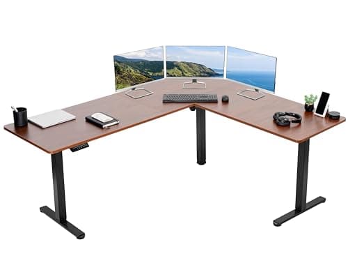 VIVO Electric Corner 75 x 63 inch L-Shaped Standing Desk, Memory Height Adjustment, Dark Walnut Top Black Frame, DESK-E3CTD-75 - Image 1