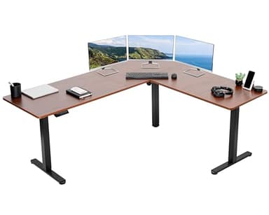 VIVO Electric Corner 75 x 63 inch L-Shaped Standing Desk, Memory Height Adjustment, Dark Walnut Top Black Frame, DESK-E3CTD-75 - Image 1