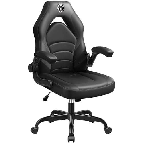 BestGlory Gaming Chair, Leather High-Back Home Office Desk Chair with Flip-Up Arms, Ergonomic Padded Rolling Wheels Swivel Tilt Gamer Computer Chair with Comfy Lumbar Support, Height Adjustable, Black - Image 1