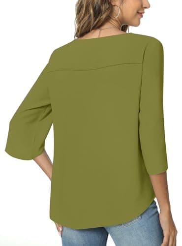 TAOHUADAO Womens 2025 Summer 3/4 Sleeve Tunic Tops Plus Size Chiffon Work Blouse V-Neck Dressy Casual Shirt X-Large, Grass Green - Image 3