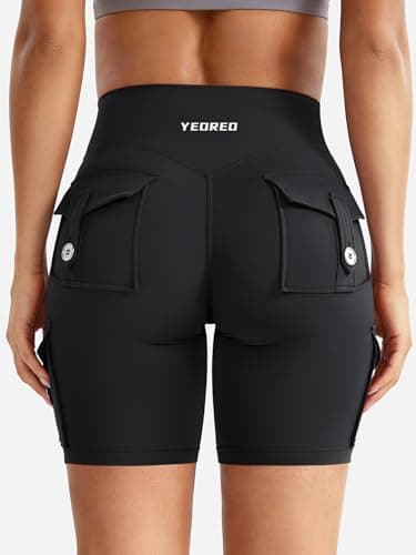YEOREO Women Workout Biker Shorts with Cargo Pockets Hidden Scrunch High Waisted 8" Inseam No Front Seam Gym Shorts Black M - Image 5