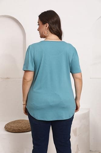 Plus Size T Shirts for Women Summer Short Flare Sleeve Pleated Dressy Casual Scooped Neck Summer Tops Blouses 3X Turquoise - Image 8