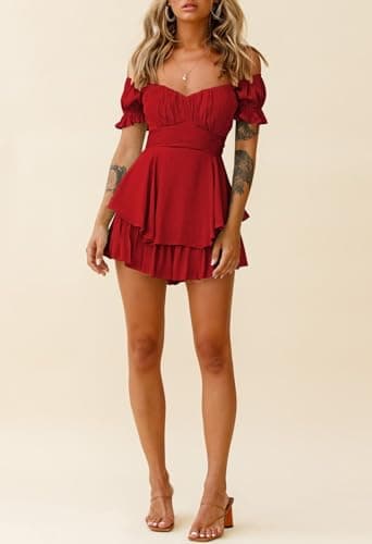 Fixmatti Women Summer Boho Romper Shorts Off Shoulder Mini Ruffle Chiffon Jumpsuits Red L - Image 5