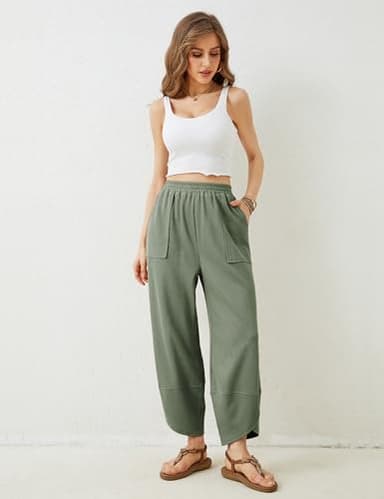 Xiaoxuemeng Womens Baggy Wide Leg Pants Casual Elastic Waisted Palazzo Harem Pants with Pockets (Green-L) - Image 6