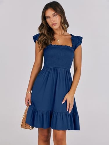 ANRABESS Women's Summer Casual Sleeveless Square Neck Dress 2025 Smocked Ruffle Backless Boho Beach Cute Teen Short Sundress Sea Blue Small - Image 3