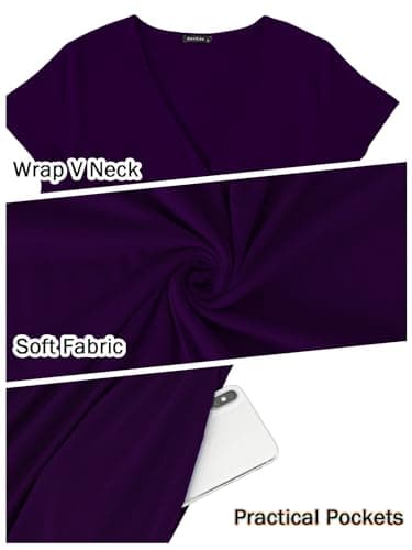 ANRILITA Maxi Dress for Women Wrap V Neck Short Sleeve Empire Pleated Waist Summer Casual Elegant Long Dresses with Pockets Purple - Image 5