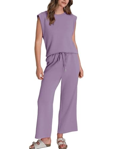 Sampeel Womens Two Piece Sets Loungewear Set Travel Airport Vacation Outfits Trendy Cruise Outfits 2025 Wide Leg Crop Pants Sets Purple L - Image 2