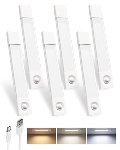 EZVALO 6-Pack Under Cabinet Lighting, 7.8" Wireless Closet Lights, 30 LED Rechargeable Motion Sensor Light, Dimmable, 3 Color Temperatures, Counter Lights for Kitchen, Pantry, Bedroom, Wardrobe - Image 1