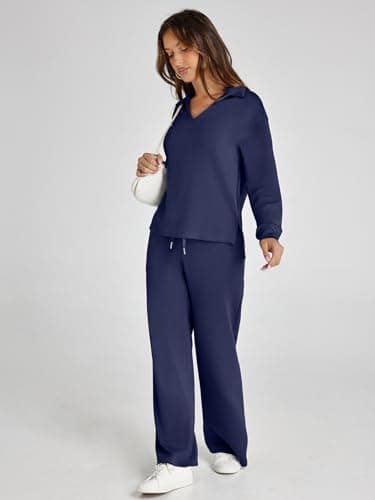 Glamaker Womens Sets 2 Piece Outfits Long Sleeve Polo V Neck Air Essentials Tracksuit Travel Set Women Clothes (Navy Blue M) - Image 3