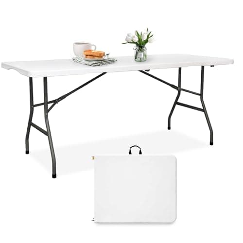 Folding Table 6FT HDPE 6 Foot Foldable Table Portable Banquet Surface Fold-in-Half Desk Utility for Working Meeting Parties, Picnic, Camping, Weddings, Catering, Garden Dining-White - Image 1