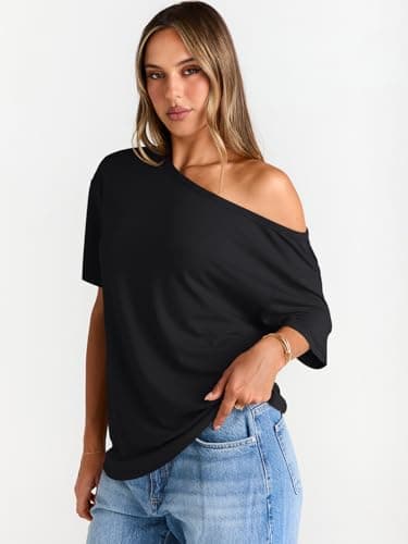 Trendy Queen Womens Off The Shoulder Tops Oversized T-Shirts Short Sleeve Tees Summer 2025 Casual Spring Fashion Clothes Black L - Image 3