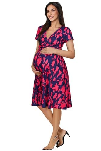 OUGES Women's 2025 Summer Short Sleeve V Neck Floral Midi Dress with Pockets Maternity Nursing Dresses Clothes (Navy Rose Floral,M) - Image 6