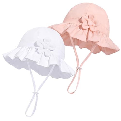 Baby Girl Wide Brim Bucket Hats with UPF 50+ Outdoor Adjustable Beach Hat with Sun Hat(0-6 Months,White Petal & Pink Petal) - Image 1