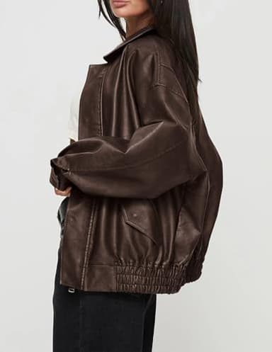 PRETTYGARDEN Women's Faux Leather Motorcycle Jacket Trendy Fall Spring Clothes Oversized Zip Up Winter Coat Outerwear (Dark Coffee,Medium) - Image 3