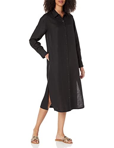 The Drop Women's Fiona Relaxed Linen Midi Shirt Dress, Black, XL - Image 1