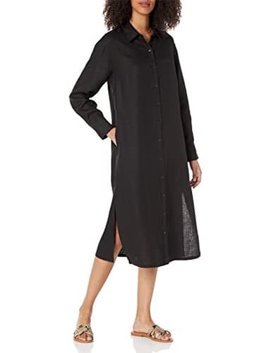The Drop Women's Fiona Relaxed Linen Midi Shirt Dress, Black, XL - Image 1