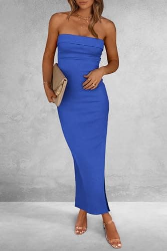 PRETTYGARDEN Women's Summer Bodycon Maxi Tube Dress Ribbed Strapless Side Slit Long Going Out Casual Elegant Party Dresses (Blue,Medium) - Image 6