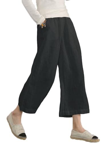 Womens Cotton Cropped Pants Loose Fit Wide Leg Capri Casual Plus Size Elastic Waist Trousers Black 2XL - Image 1