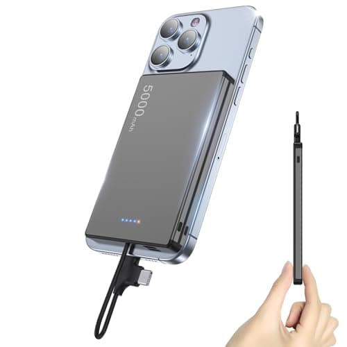 Portable Charger with Built-in Cables - 0.3" Slim, 5000mAh Power Bank with USB-C Cord Wires, 20W PD Fast Charging Battery Pack, Charge Card Phone Charger for iPhone 14 13 12, Samsung Pixel LG (Grey) - Image 1