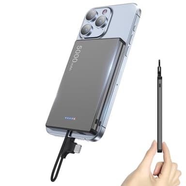 Portable Charger with Built-in Cables - 0.3" Slim, 5000mAh Power Bank with USB-C Cord Wires, 20W PD Fast Charging Battery Pack, Charge Card Phone Charger for iPhone 14 13 12, Samsung Pixel LG (Grey) - Image 1