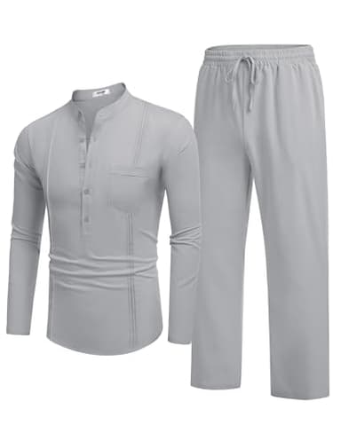 COOFANDY Men's 2 Piece Cotton Linen Sets Casual Long Sleeve Henley Shirts Yoga Pants Set Beach Cuban Outfits - Image 7