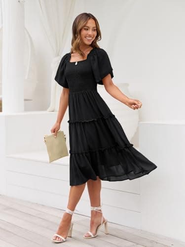 LILLUSORY Spring Midi Graduation Bridal Baby Shower Dresses Women 2024 Summer Casual Flowy Bridal Sun Sundress Trendy Brunch Cute Ladies Vacation Smocked Teacher Clothes Outfits Black - Image 5