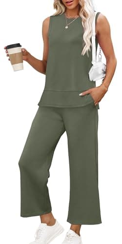 XIEERDUO Womens Two Piece Outfits Summer Travel Tracksuit Sleeveless Vacation Loungewear Spring Sweat Suit Wide Leg Pants Matching Lounge Set Green XL - Image 1