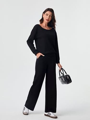 AFITNE 2 Piece Outfits for Women Long Sleeve Off-Shoulder Pullover Tops Wide Leg Sweatpants Pull On Pants Sets Stretchy Trendy Tracksuits with Pockets Fashion Mathching Sweatsuits Black L 31" - Image 6