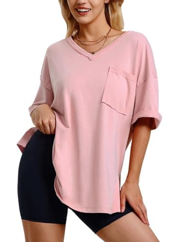 EXLURA Womens 2024 Summer Oversized T Shirts Loose Fit Short Sleeve V Neck Tops Athletic Workout Gym trendy Tee Pink