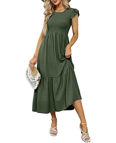 OFEEFAN Long Dress Womens Maxi Dresses Summer Ruffle Sleeve Tiered Dress Army Green M - Image 5
