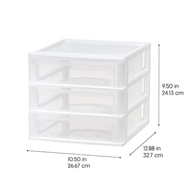 IRIS USA Plastic Stacking Desk Top 3-Drawer Storage Organizer, 2-Pack, for Makeup Vanity Nail Polish Bathroom Stationery Art Craft Supplies Kitchen Office Garage and Small Organization, Medium, White - Image 3